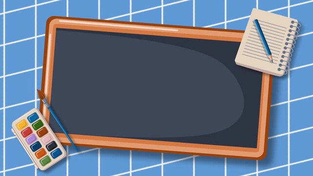 Back to School Blackboard Background with Notebook and Watercolor Palette.