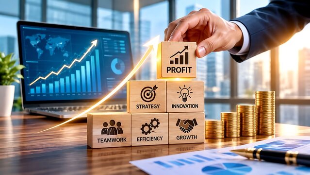 Businessman hand stacking wooden blocks with profit and business strategy icons alongside a glowing upward arrow, stacked coins, and financial charts.