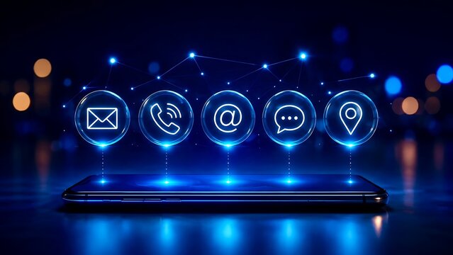 Smartphone displaying futuristic neon glowing contact us icons for digital communication and customer service network