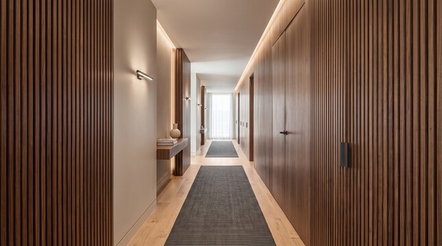 Textured wall panel corridor, modern apartment hallway decor, long horizontal perspective from one end, upscale, orderly mood, practical interior design inspiration for