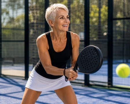 Femme senior jouant au padel, sport de raquette, fitness, bien-&ecirc;tre et vieillissement actif
