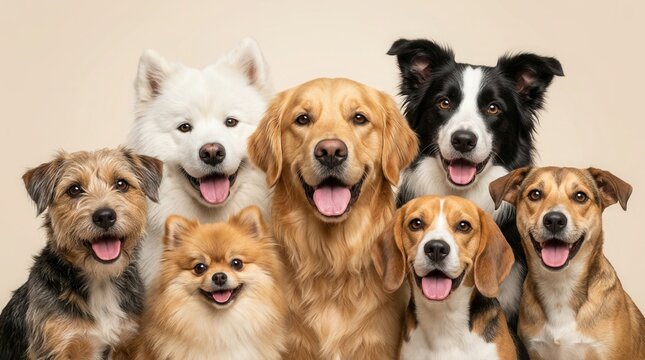 A group of different dogs smiling at the camera.