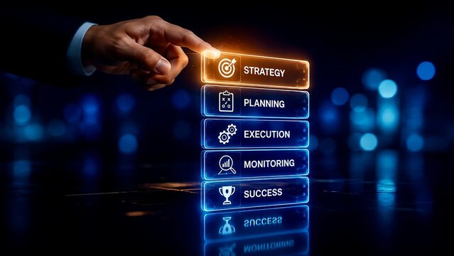 Hand interacting with futuristic glowing digital menu showing strategy planning execution monitoring and success for business development.