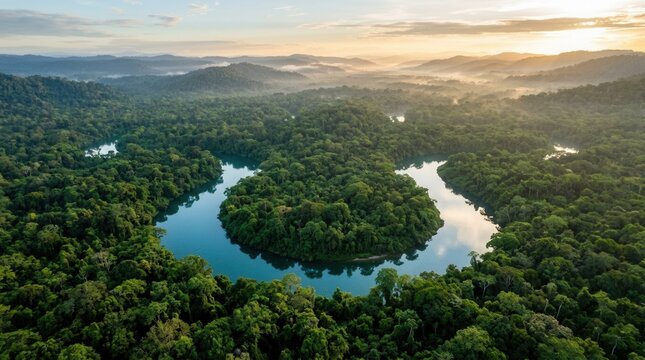 Aerial view of the Amazon rainforest jungle with a winding river