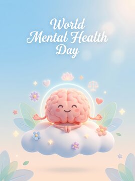 Cute 3D Brain Meditating on a White Cloud for World Mental Health Day Wellness