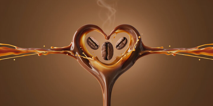 Heart shaped coffee splash with beans during morning light conceptualizing breakfast and beverage enjoyment