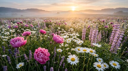 Obraz premium Wildflower meadow with peonies daisies and lupines at sunrise 