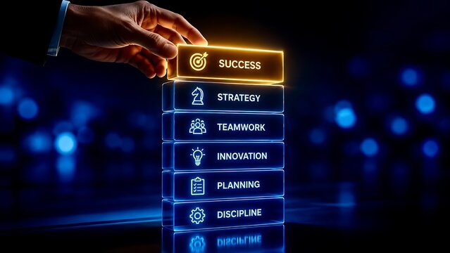 Hand placing glowing success block on top of strategy teamwork and innovation stack against dark background