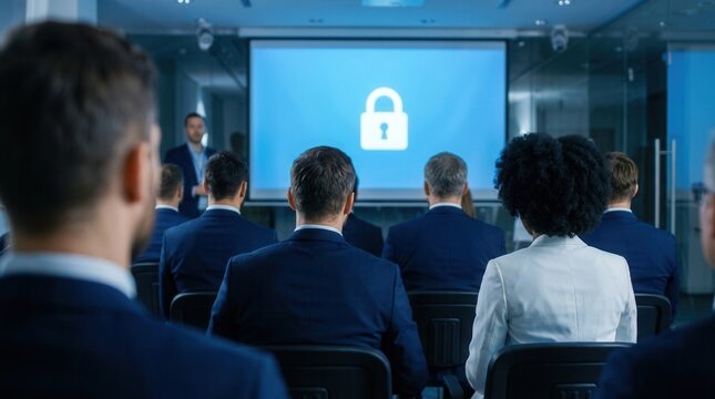 Audience attending cybersecurity presentation with digital lock icon on screen for data protection and information security awareness.