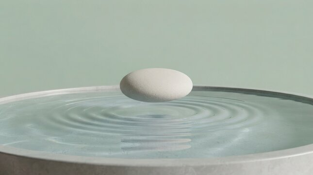 Close-up of a white egg floating on calm water in a shallow, round dish with subtle ripples, shot from above under even lighting, evoking simplicity and purity.