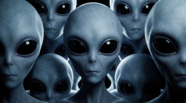 Extraterrestrial concept featuring a group of alien faces with large black eyes in a dark environment.