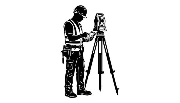 Surveyor geodetic engineer wearing hardhat and safety vest holding calculator total station