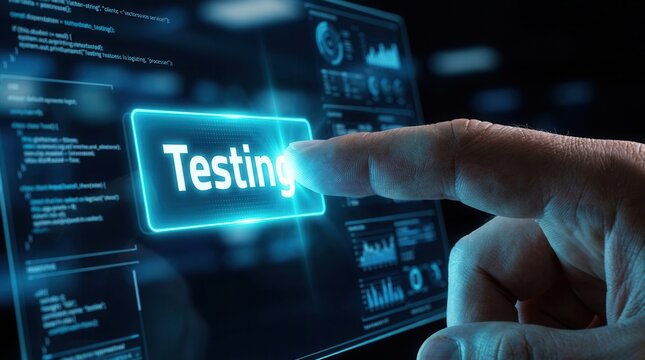 A finger touching a glowing TESTING button on a virtual digital interface.