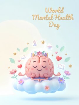 World Mental Health Day greeting card design with a cute meditating brain illustration