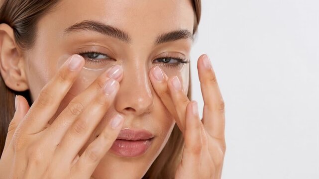 Beautiful young woman applying hydrating under-eye patches for skincare, anti-aging, dark circle reduction, and face care in a clean studio.