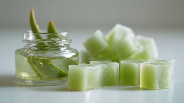 Fresh aloe vera gel cubes beside transparent glass jar with slices beside collection green gelatinous cubes displays small glass collection soft pale