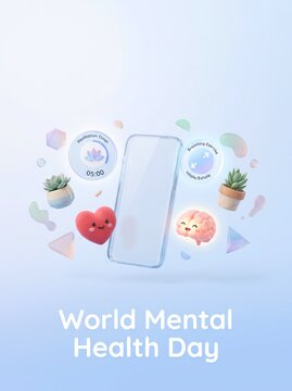 3D Conceptual Illustration for World Mental Health Day with Digital Wellness App