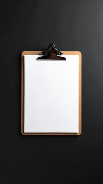 Blank clipboard with white paper on dark background for business survey, form filling, document planning, checklist, notes