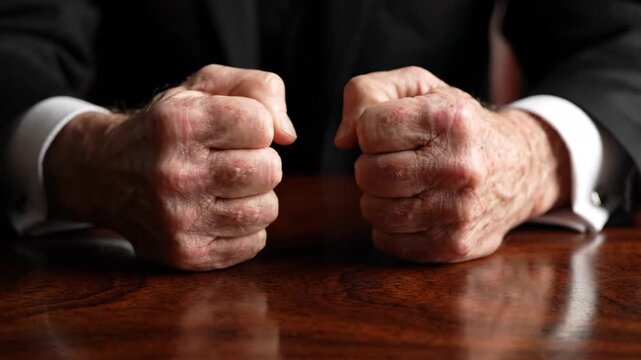 Angry hand male clenched fist of senior man in business suit on wooden table showing stress frustration tension conflict power and emotion