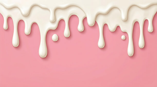 Viscous white cream drops melting down against a soft pastel pink background with subtle drop shadows.