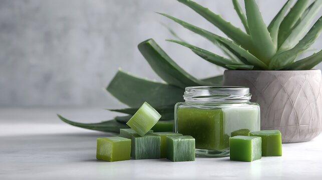 Fresh aloe vera gel cubes beside glass jar and potted succulent plant on gray surface with against gray background filled green aloe displays glass
