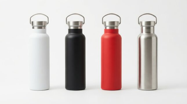 Four stainless steel water bottles in different colors isolated on white background
