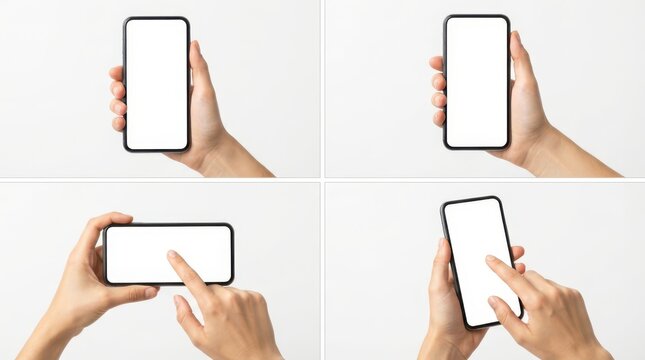 Hand holding smartphone with blank screen isolated on white background