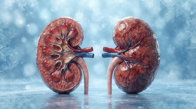 Realistic detailed human kidneys anatomical model on a cold textured surface