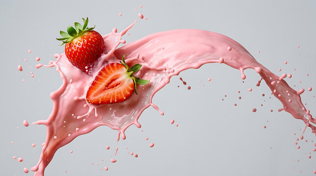 Fresh whole and sliced strawberries floating inside a dynamic swirling splash of creamy pink strawberry milk.