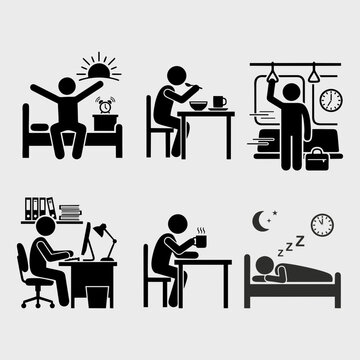 Daily Life Activity Icon Set Wake Up Breakfast Commute Work Rest Sleep Vector