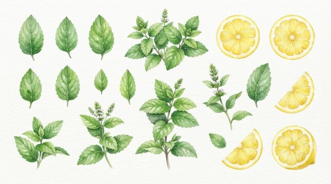 Watercolor illustration of mint leaves, sprigs, and lemon slices
