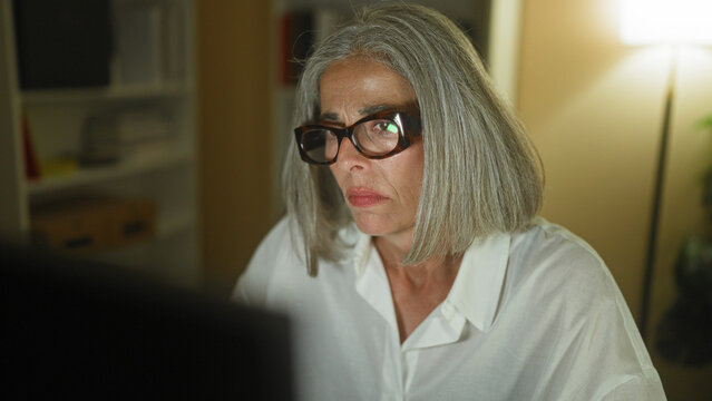 Woman with gray bob hair and thick glasses looking at a computer screen while seated at a desk with bookshelf and floor lamp in a building office; concentration.