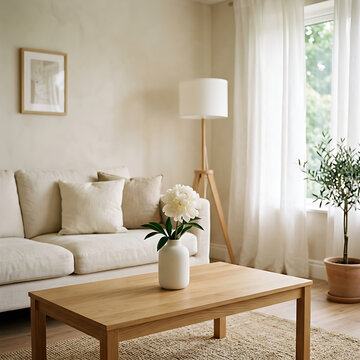Cozy modern living room setup displaying a white peony vase on a wooden table beside soft sofa.
