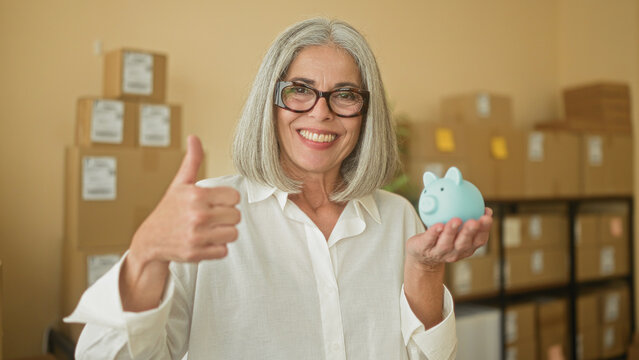Woman smiling and giving thumbs up while holding blue piggy bank in building with stacked packages; small business optimism.