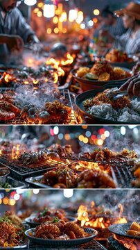 AI-generated images of a nighttime food market. Street food, Vibrant Asian night street food market, glowing neon lights, sizzling food stalls, steam rising from grills, chefs cooking fresh seafood 
