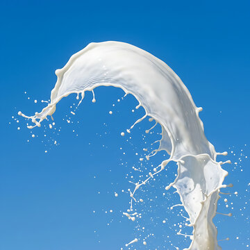 High speed action shot of pure white milk splashing in midair against a vivid blue background.
