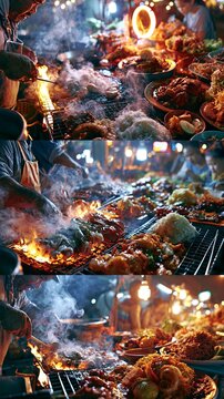 AI-generated images of a nighttime food market. Street food, Vibrant Asian night street food market, glowing neon lights, sizzling food stalls, steam rising from grills, chefs cooking fresh seafood 