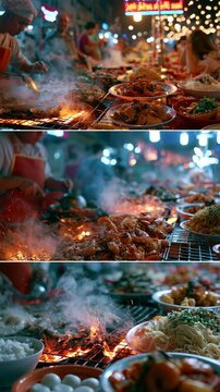 AI-generated images of a nighttime food market. Street food, Vibrant Asian night street food market, glowing neon lights, sizzling food stalls, steam rising from grills, chefs cooking fresh seafood 