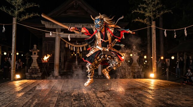 夜の神社で舞う鬼面の伝統芸能パフォーマンス