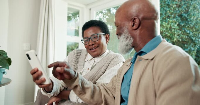 Old couple, wave and video call in home with phone, discussion or online communication on weekend. Laugh, black man and woman with digital tech, contact or virtual conversation for retirement bonding
