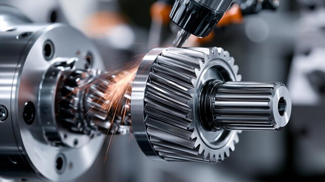 AI generator images of Worm gear production , close-up shot shows the high-precision CNC machining process of a metal gear, involving materials such as stainless steel or 4140 steel commonly used 