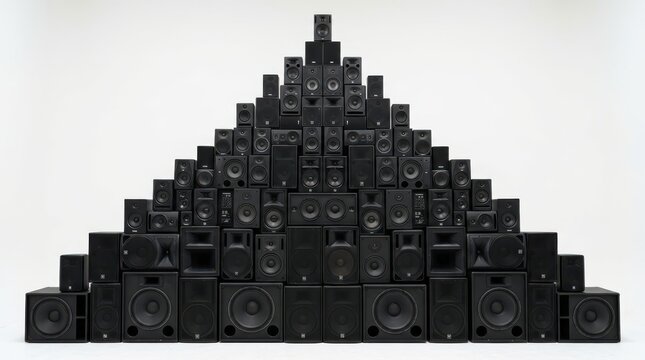 Pyramid of stacked black audio speakers isolated on white background