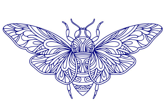 bee with ornament. Vector blue outline drawing of an insect with wings in decorative tribal style isolated on white