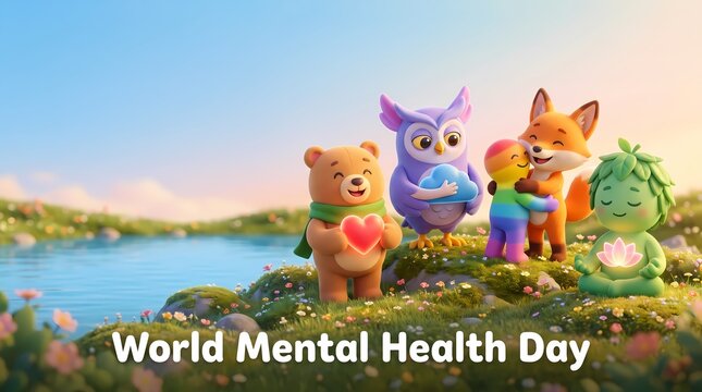 Cute cartoon animals gathering in a mindfulness garden scene for emotional well-being