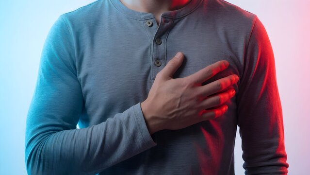 Man clutching chest with dramatic red and blue lighting for health anxiety or medical distress