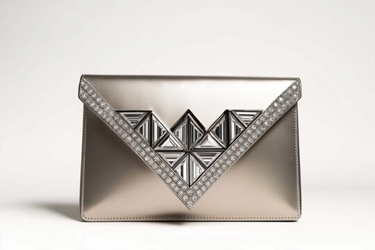 Sleek modern silver metallic leather envelope clutch with a geometric baguette rhinestone pattern on the front flap, presented on a minimalist white studio background.