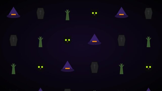 Seamless Halloween Background with Floating Witch Hats and Black Cats
