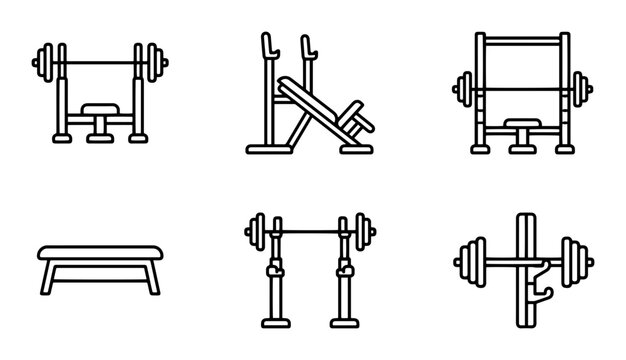 Gym Equipment Icons: Weight Bench, Barbell Rack, Strength Training Vector Set