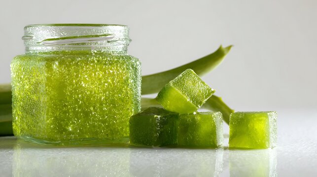 Clear glass jar filled with vibrant green aloe vera gel beside fresh cubed plant pieces with freshly cut succulent cubes reflective surface alongside several translucent