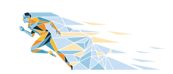 Abstract Neon Running Man Made Of Geometric Polygons, Futuristic Speed And Motion Concept © LenLis